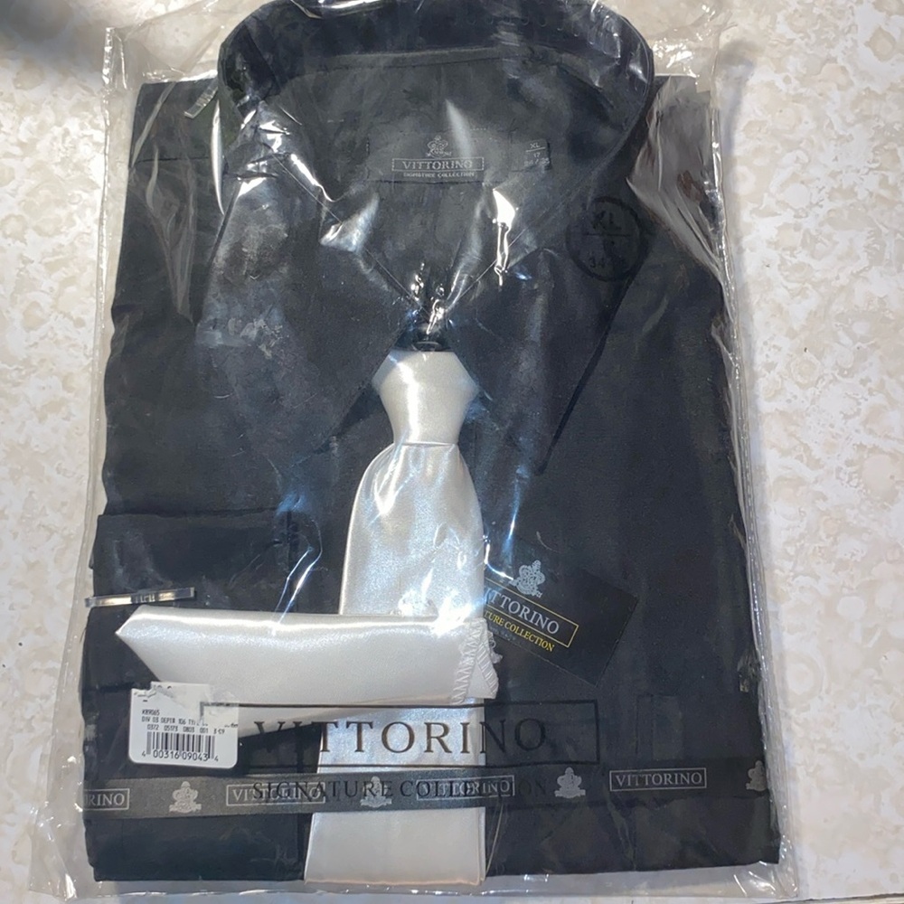 Men’s long sleeve black shirt with cream color tie and handkerchief